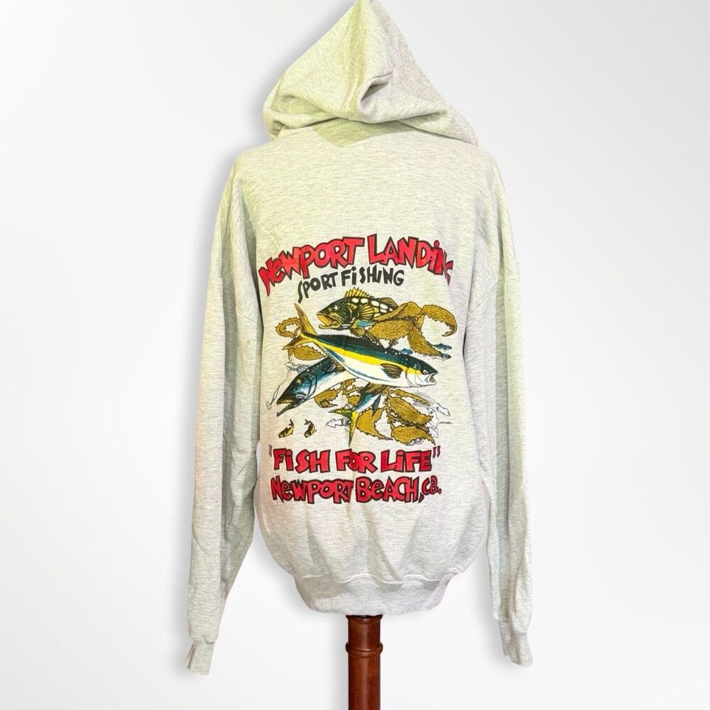 VTG 90s Newport Landing SportsFishing Gray Full Zip Hoodie, XL California